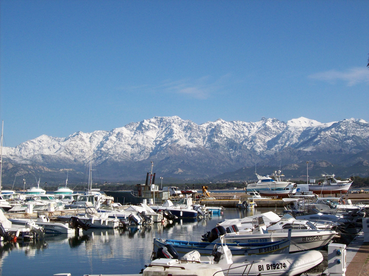 Bateaux dans le port de Calvi avec les montagnes en arrière-plan