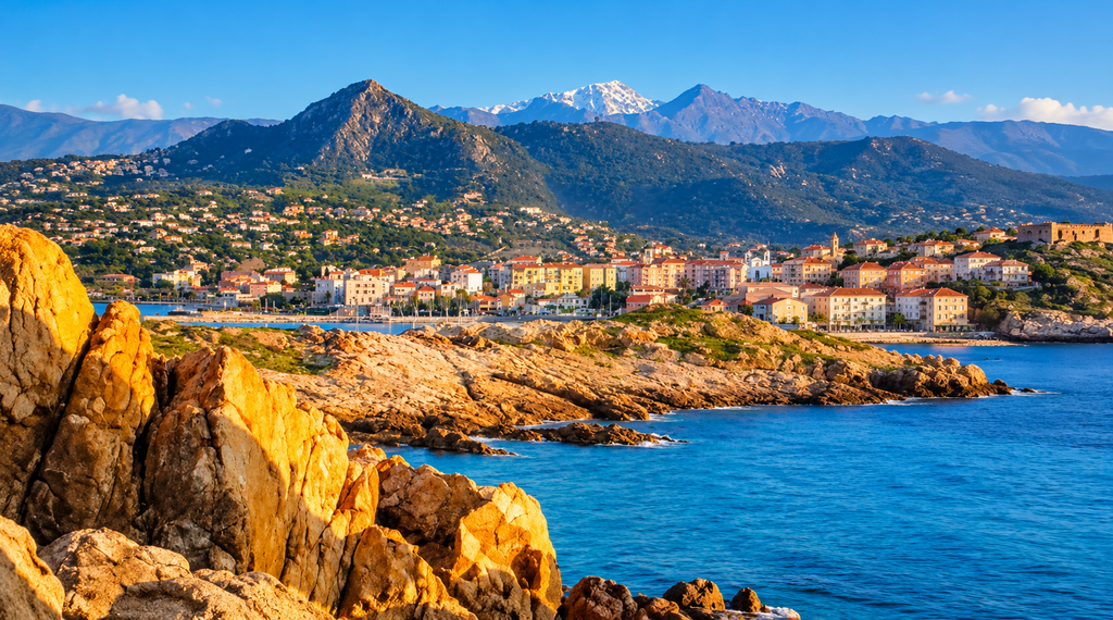 Vue sur L’Île-Rousse et les rochers rouges de la côte en Balagne, en Corse.
